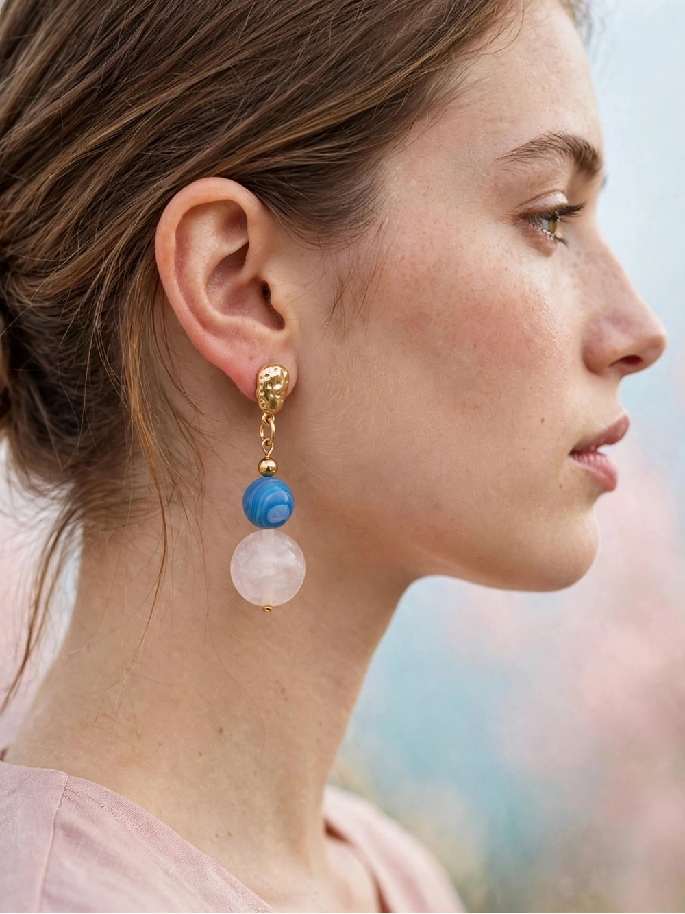 NWT Handmade Blue Stone White Crystal Bead Dangle Earrings Hammered Gold E109